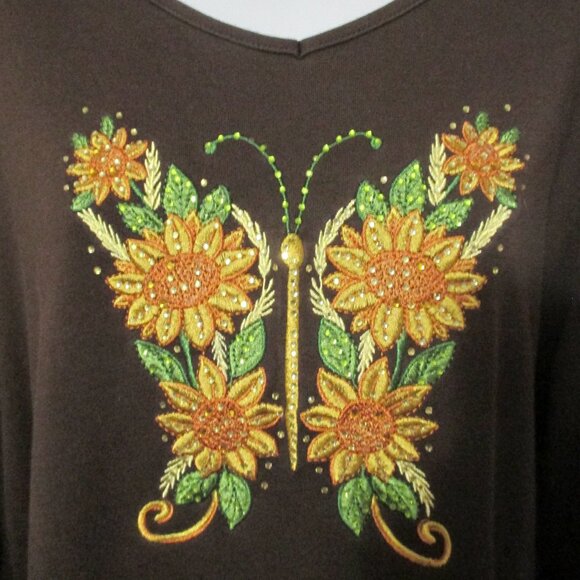 Quacker Factory top chocolate brown w/ yellow floral butterfly size XL - Picture 5 of 8